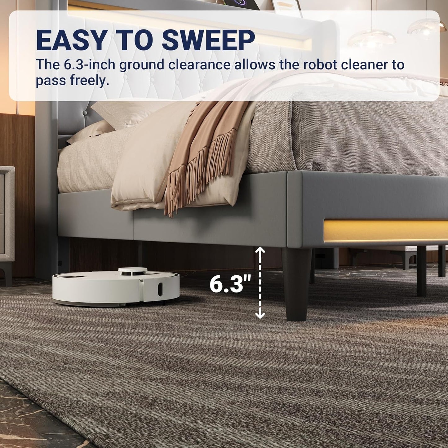 Upholstered Full Size Platform Bed Frame with LED Light and Charging Station, Button Tufted High Headboard, Wingback Design, Noise Free, Easy Assembly, No Box Spring Needed, Grey