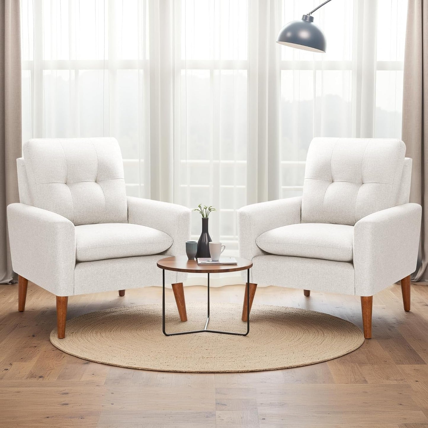 Mid Century Accent Chair, Fabric Modern Reading Living Room Chair, Fluffy Comfy Armchair Small Sofa Chair with Wood Legs for Bedroom Office Cafe, Set of 2 (Pure White)