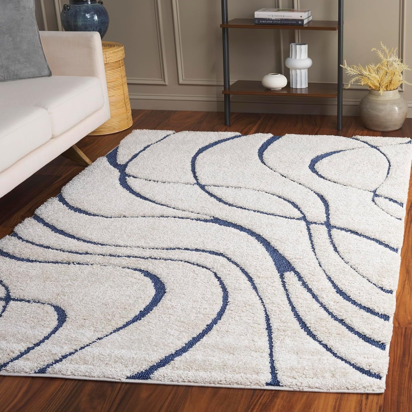 Florida Shag Collection Area Rug - 6' X 9', Cream & Blue, Non-Shedding & Easy Care, 1.2-Inch Thick Ideal for High Traffic Areas in Living Room, Bedroom (SG471-1165)