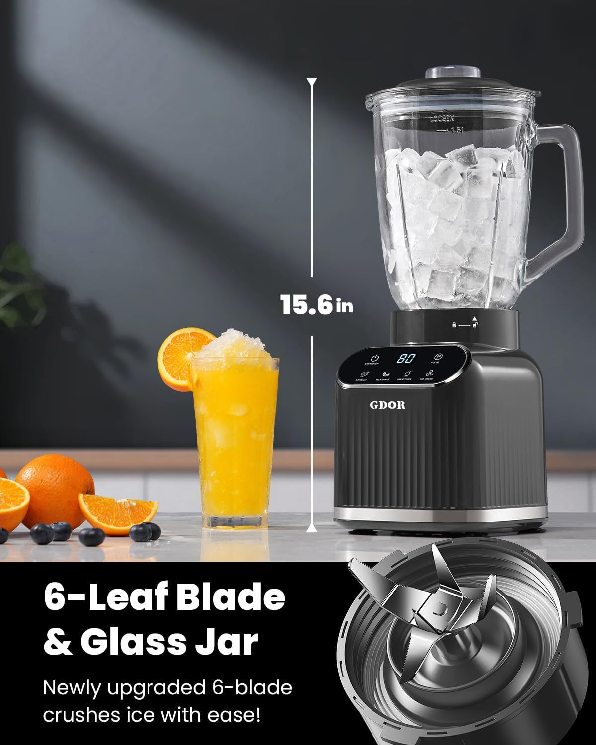 Professional Blender for Smoothies, 5 Functions, 1200 Peak Watts Smoothie Blender, 52 Oz Glass Jar & 24 Oz To-Go Cup Combo, Blenders for Smoothies, Ice and Frozen Fruit, Self-Cleaning, Gray