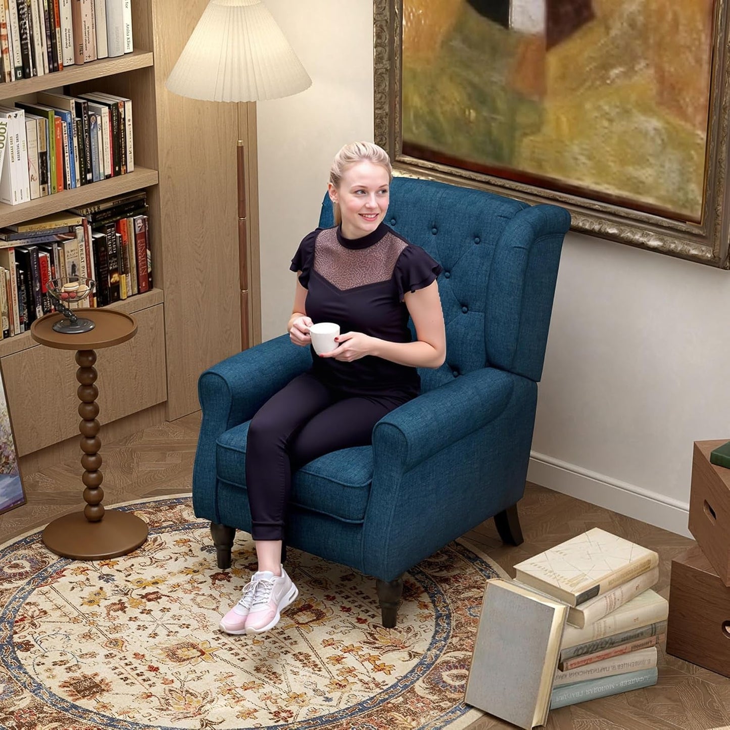 Mid-Century Modern Accent Chair, High Wingback Reading Chair, Button-Tufted Upholstered Fabric Armchair with Retro Wood Legs for Apartment, Living Room, Bedroom, Blue