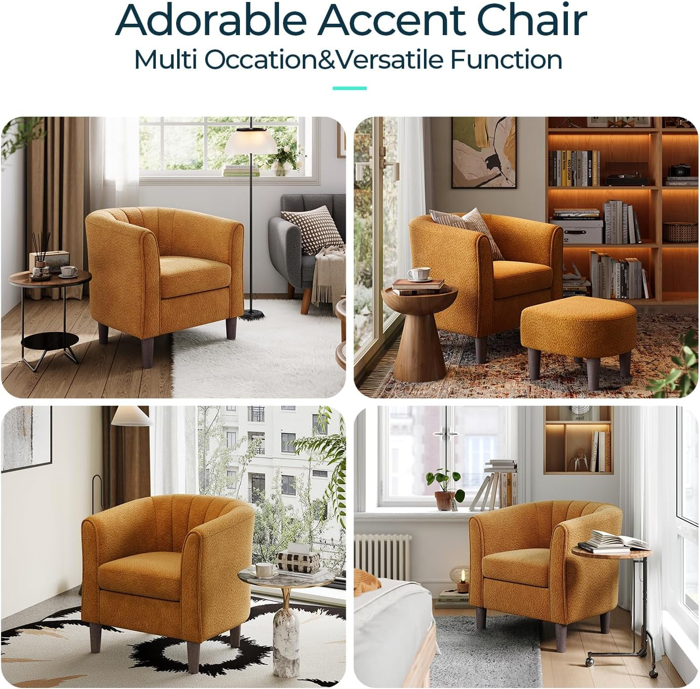 Accent Chair with Ottoman, Chenille Barrel Chair with Footstool, Modern Upholstered Armchair for Living Room Bedroom Waiting Room Office, Orange