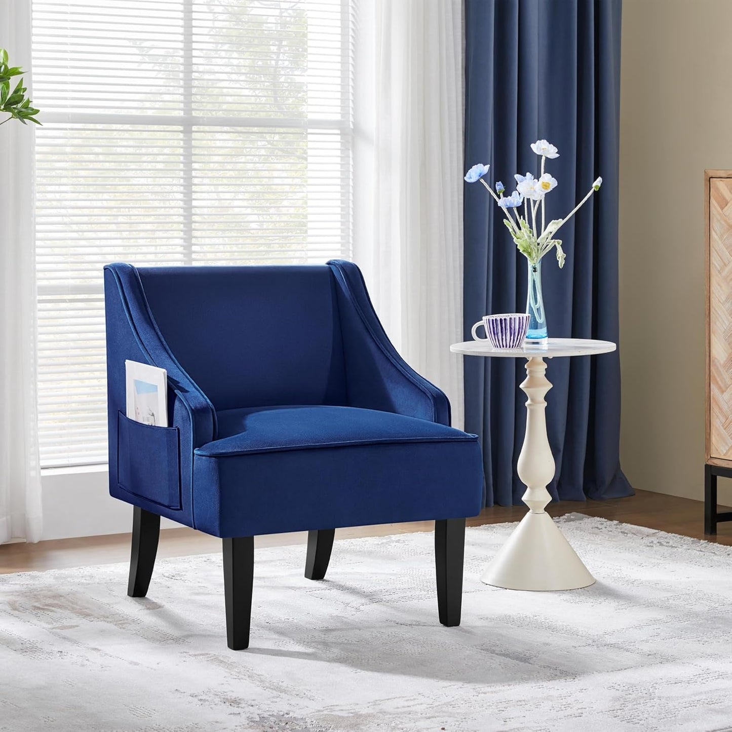 Living Room Chair, Accent Chair with Storage Side Pocket, Armchair with Wide Seat and Rubberwood Legs for Living Room Bedroom Reception Room, Blue