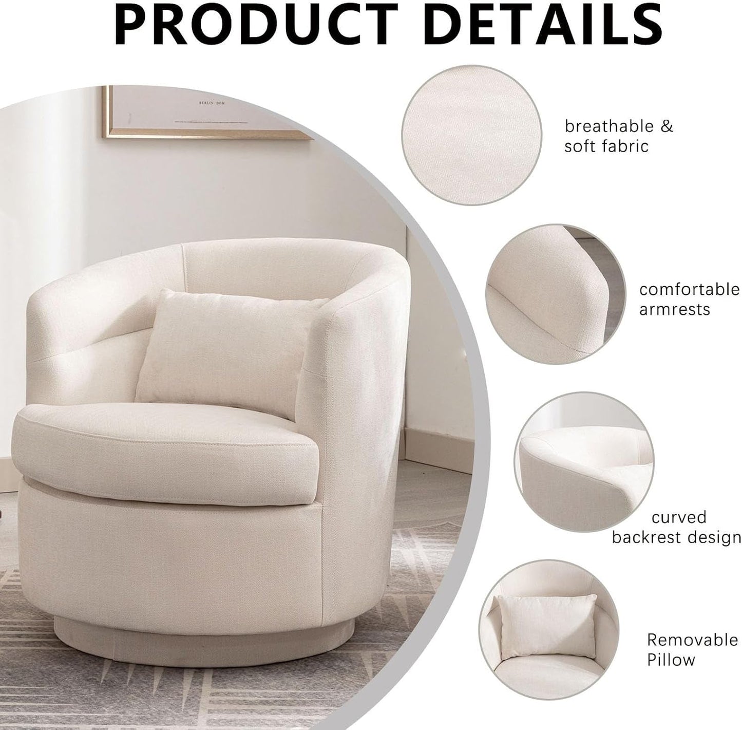Swivel Accent Chair Set of 2, 360 Degree round Swivel Barrel Chair with Pillow, Upholstered Comfy Barrel Armchair Single Club Sofa Chair for Living Room,Bedroom, Reading Room,Beige