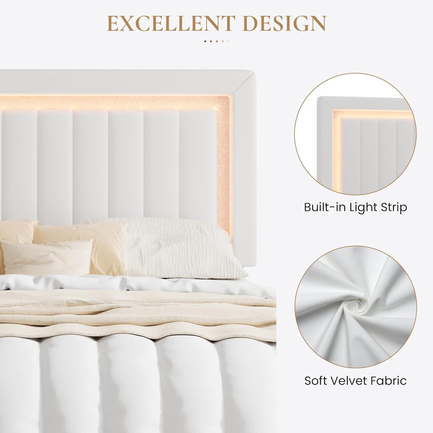 Queen Size Velvet Bed Frame with LED Light, Adjustable Vertical Channel Tufted Headboard, Strong Wooden Slats Support, Noise-Free, No Box Spring Needed, White