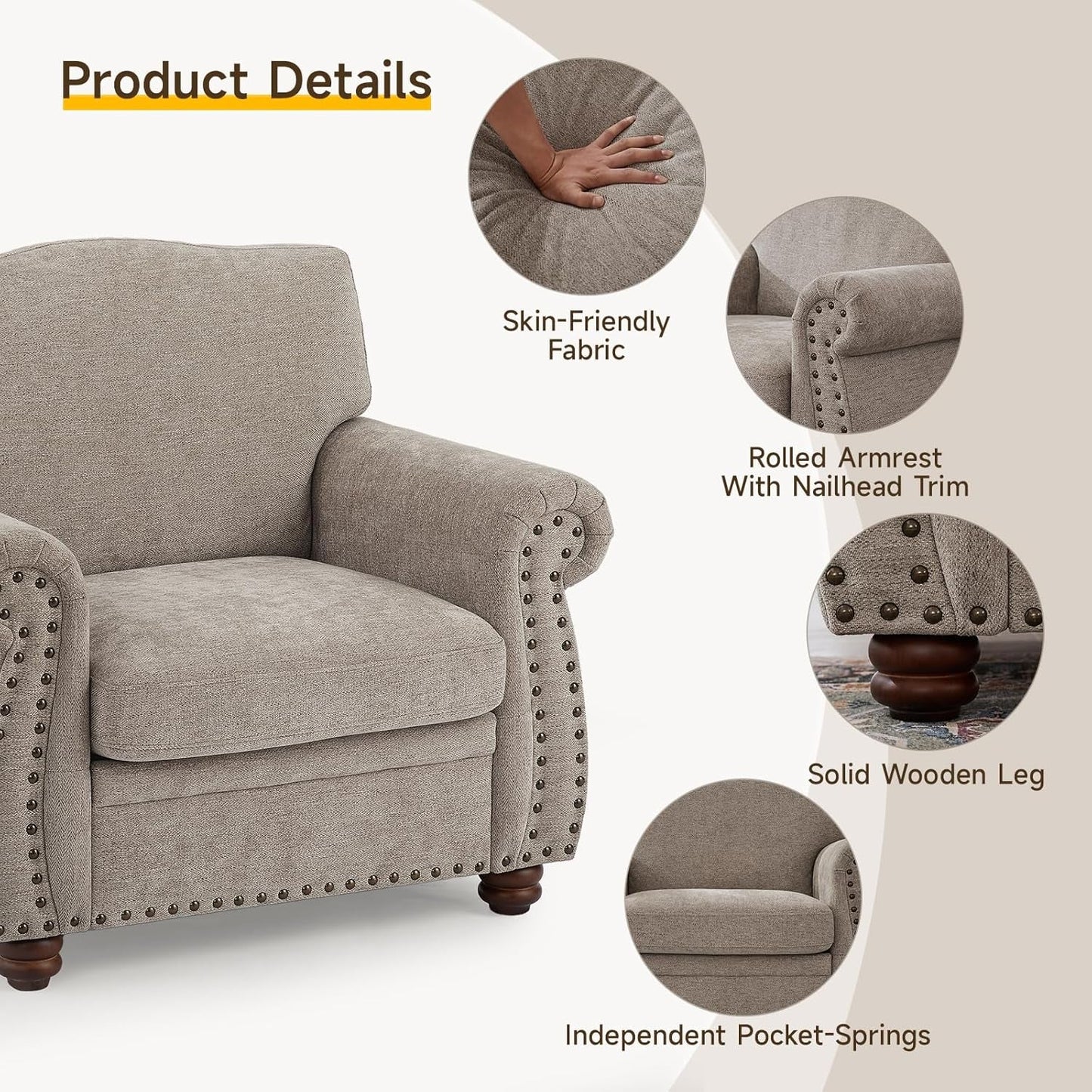Nailhead Trim Armchair, Rolled Arm Accent Chair for Living Room, Comfy Chenille Club Sofa Chair W/Springs Cushions & Wood Legs, Traditional Single Couch Chair for Apartment, Farmhouse, Beige