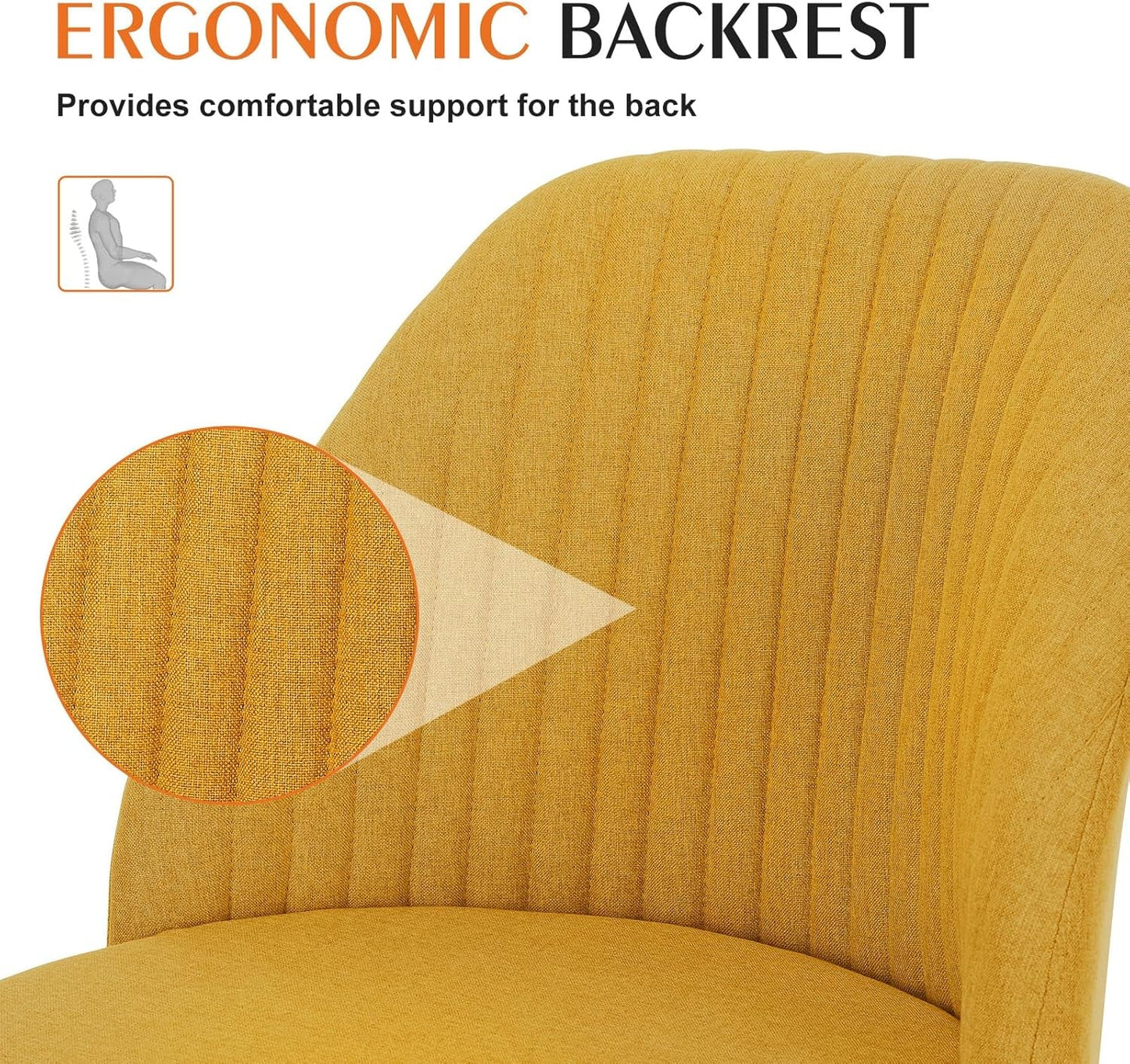 Armless Vanity Chair, Cute Comfy Home Office Desk Chair with Wheels, Modern Upholstered Task Computer Seat for Bedroom, Study, Makeup Vanity, Height Adjustable & Swivel, Yellow