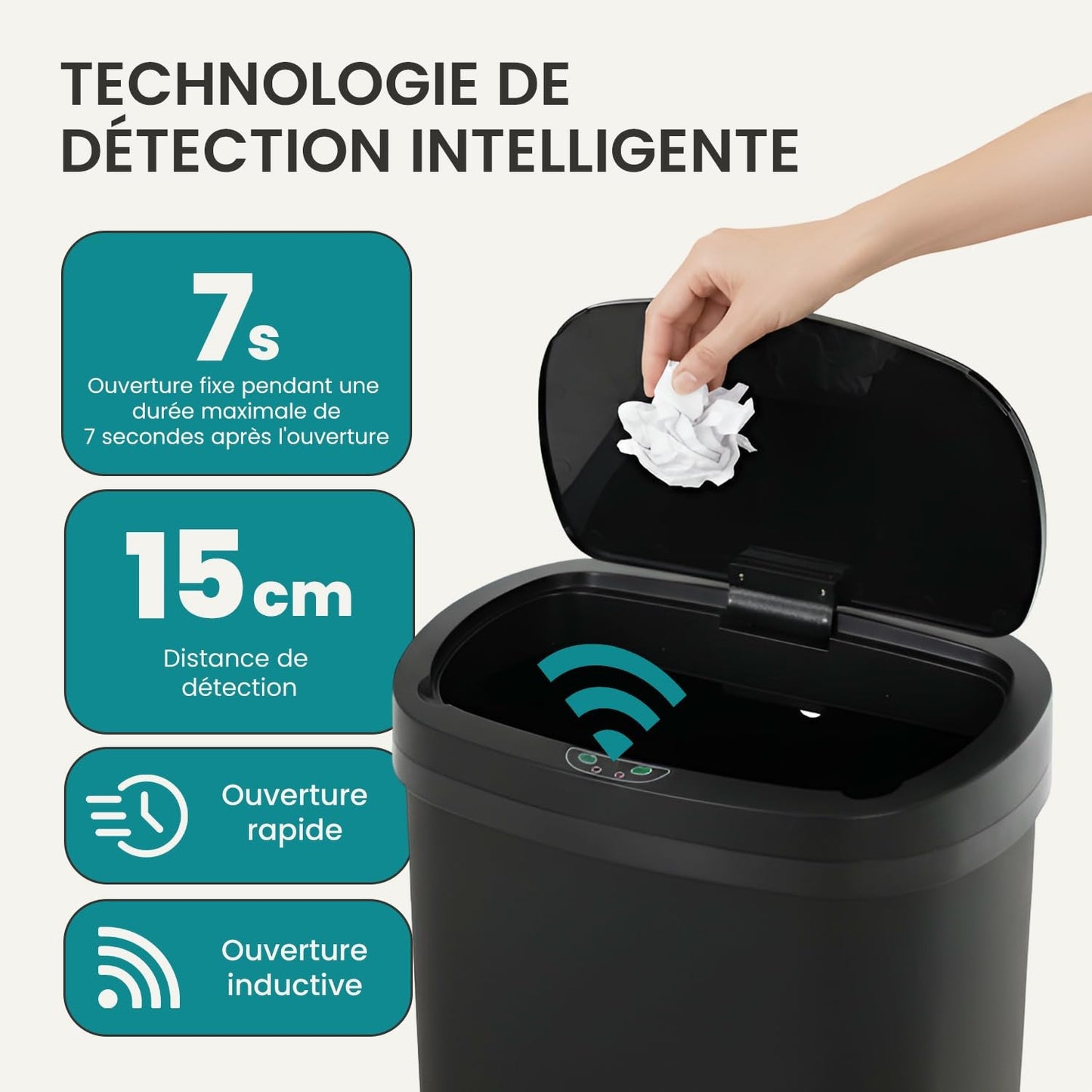 | 13 Gallon Trash Can with Lid | Automatic Touchless Garbage Can | Odor Control | Modern Oval Design | Easy to Clean | Plastic | Black | Fits Any Kitchen, Bathroom, Office or Home