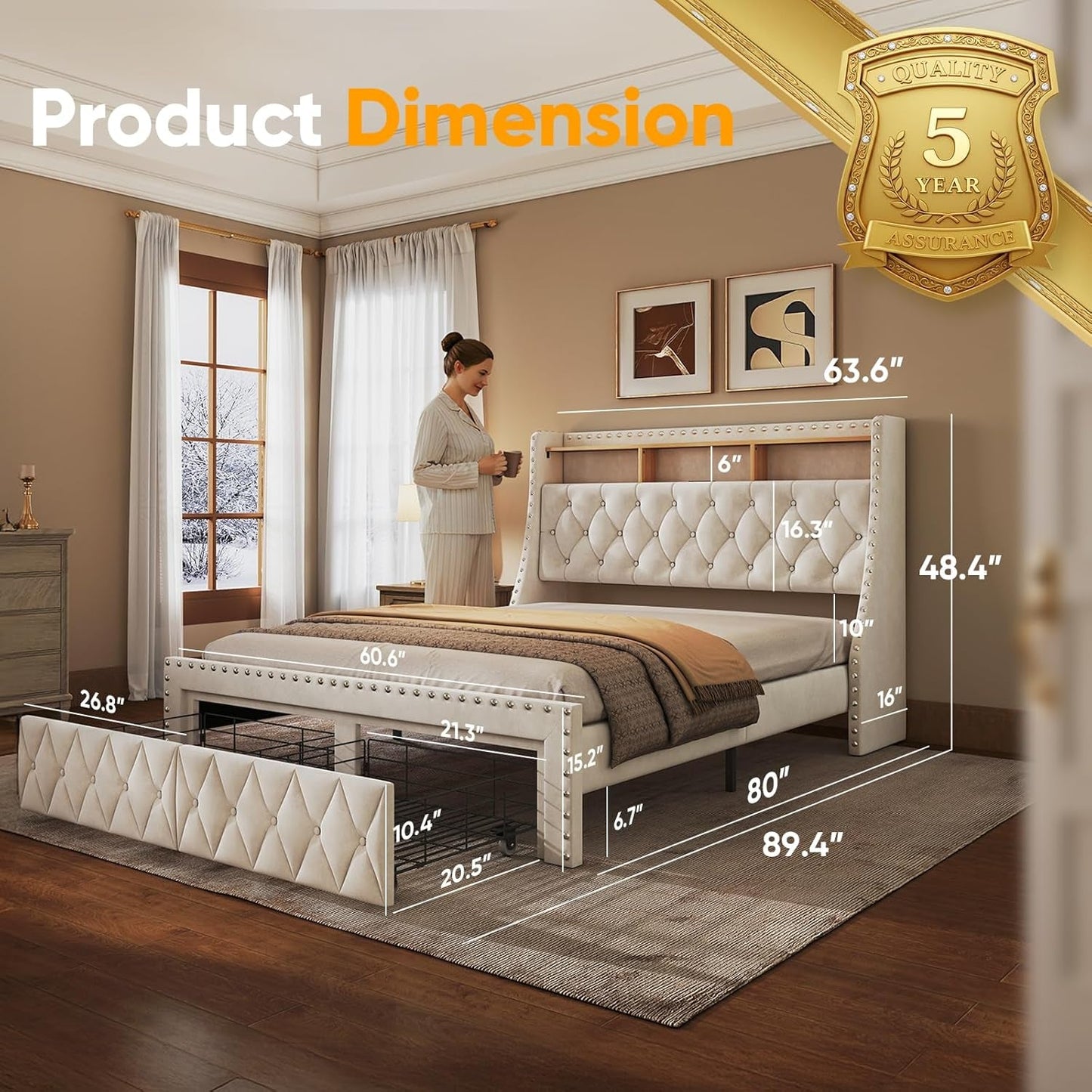 1000Lbs Heavy Duty Queen Size Bed Frame with 3-Tier Storage, Tall Wingback Headboard Upholstered Velvet Modern Platform Bed with Charging Station, No Box Spring Needed