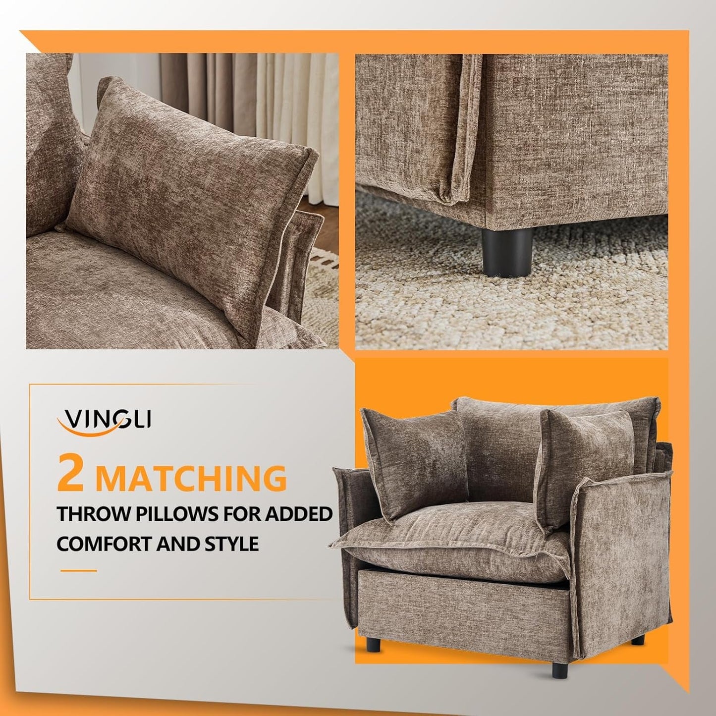 Light Browm Accent Chair 34" Width Oversized Reading Chair Upholstered Armchair Soft Chenille Fabric Living Room Chairs Sofa for Adults Bedroom, Home Office, Play Room
