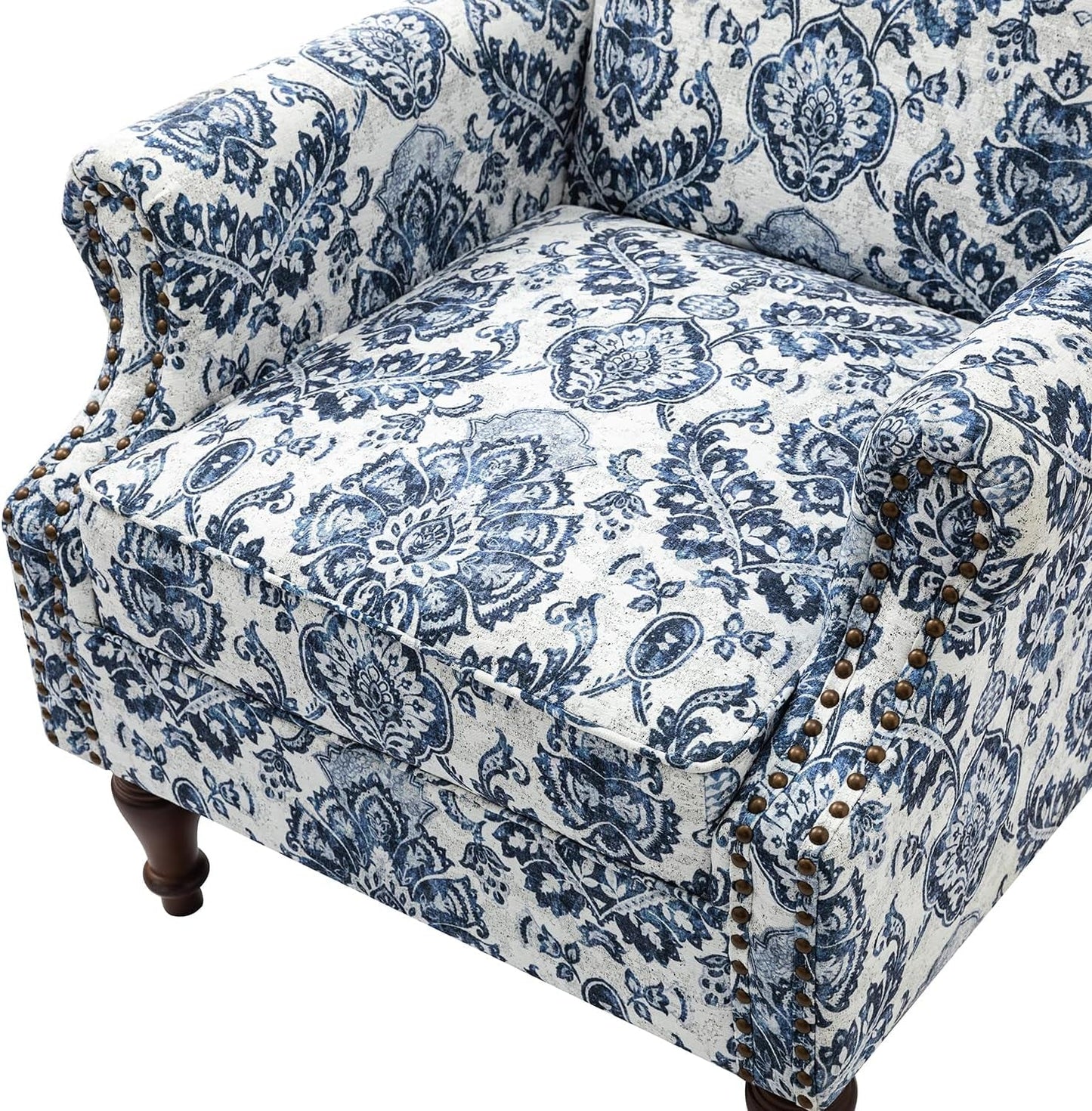 Wingback Accent Chair with Floral Pattern Design, Traditional Fabric Armchair with Nailhead Trim and Retro Wooden Legs, Navy