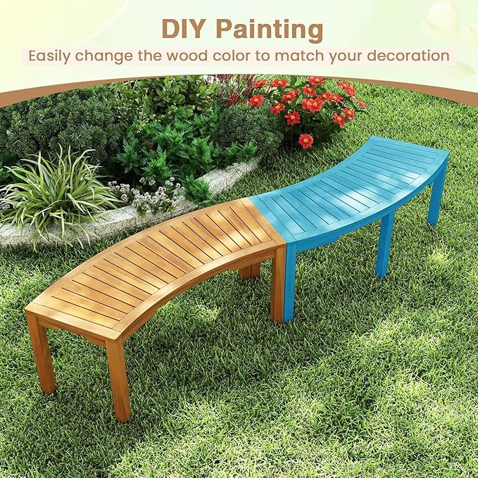Tangkula Outdoor Curved Bench, Acacia Wood Fire Pit Bench w/Slatted Seat, Patio Backless 2-Person Seating for Porch, Yard, Garden, 800 LBS Max Load, Oil Painted (4, 45")