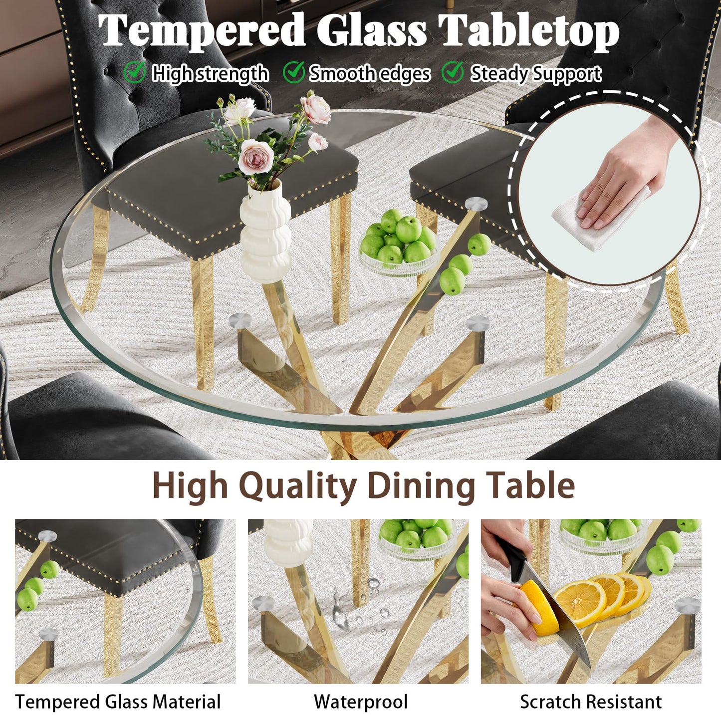 AMHDDT Round Glass Dining Table Set for 4, Modern 36" Clear Tempered Glass Kitchen Table with Gold Crossed Legs and 4 Black Velvet Upholstered Chairs, for Dining Room, Living Room, Apartment