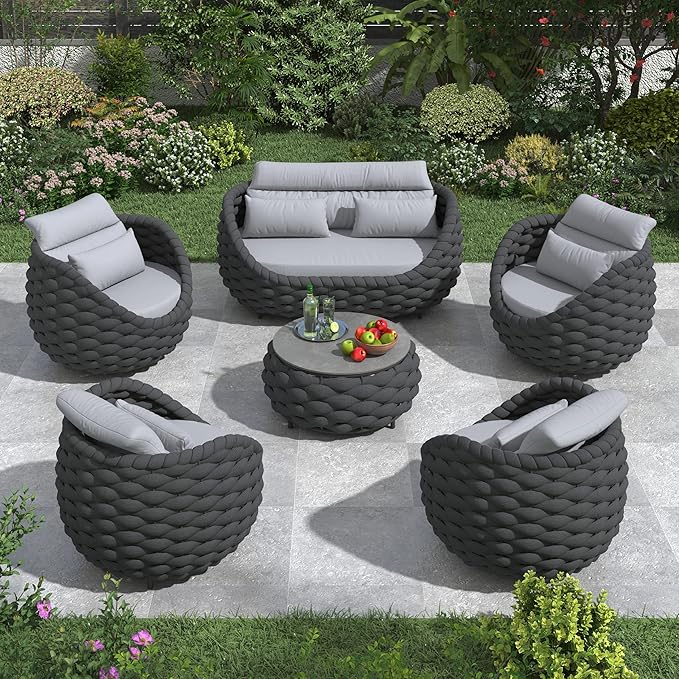 Erotr 6-Piece Alumunim Outdoor Seating Set: All-Weather Patio Accent Furniture Sofa Set, Hand Woven Rope, No Assembly, Modern Garden Lounge Conversation Set for Backyard Deck Porch Poolside Hotel