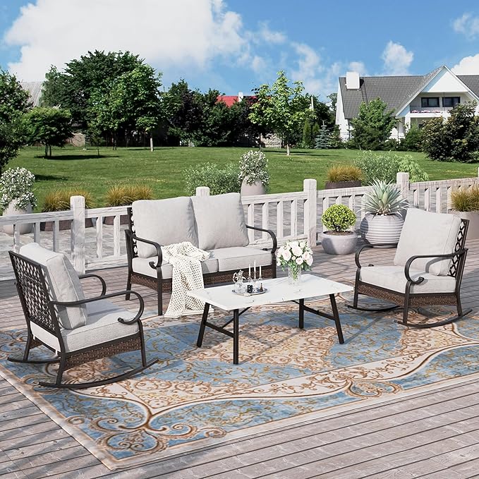 HERA'S HOUSE 4 Piece Metal Patio Furniture Set, 2 x Rocking Cushioned Chair, 2-Seat Lover Sofa with Coffee Table, All Weather Outdoor Conversation Set for Lawn Garden Backyard Deck, Light Grey