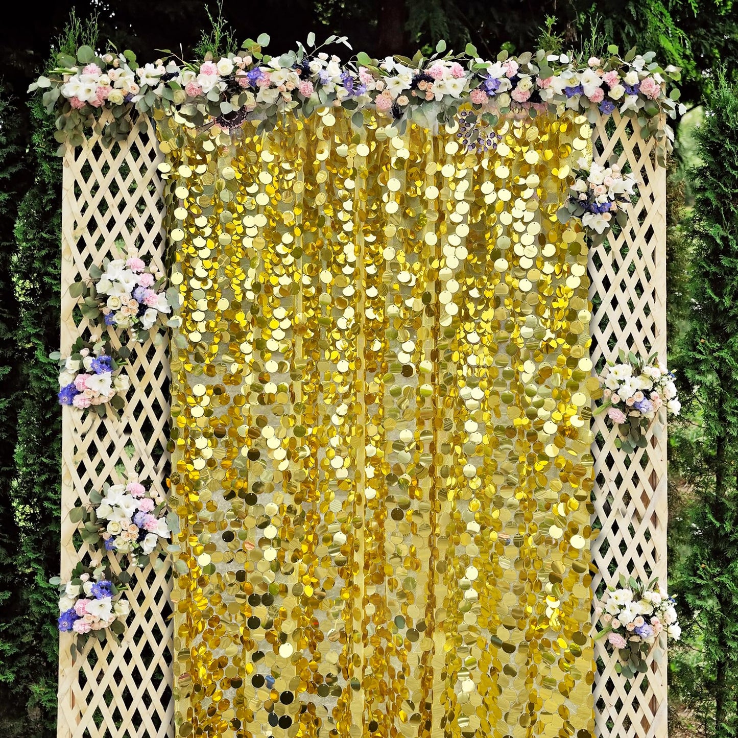 HMQIANG Gold Payette Sequin Backdrop, 4x10 Feet, 2 Panel Shimmer Large Sequin Backdrop Curtain for Decor, Parties, Home