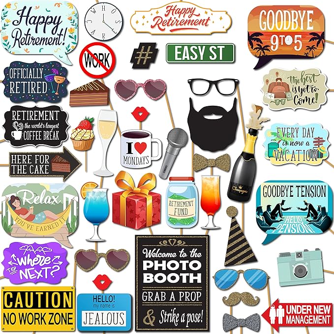 Retirement Photo Booth Props - 41-pc Photobooth Kit with 8 x 10-Inch Sign, 60 Adhesive Pads, 45 Sticks - Retirement Party ...