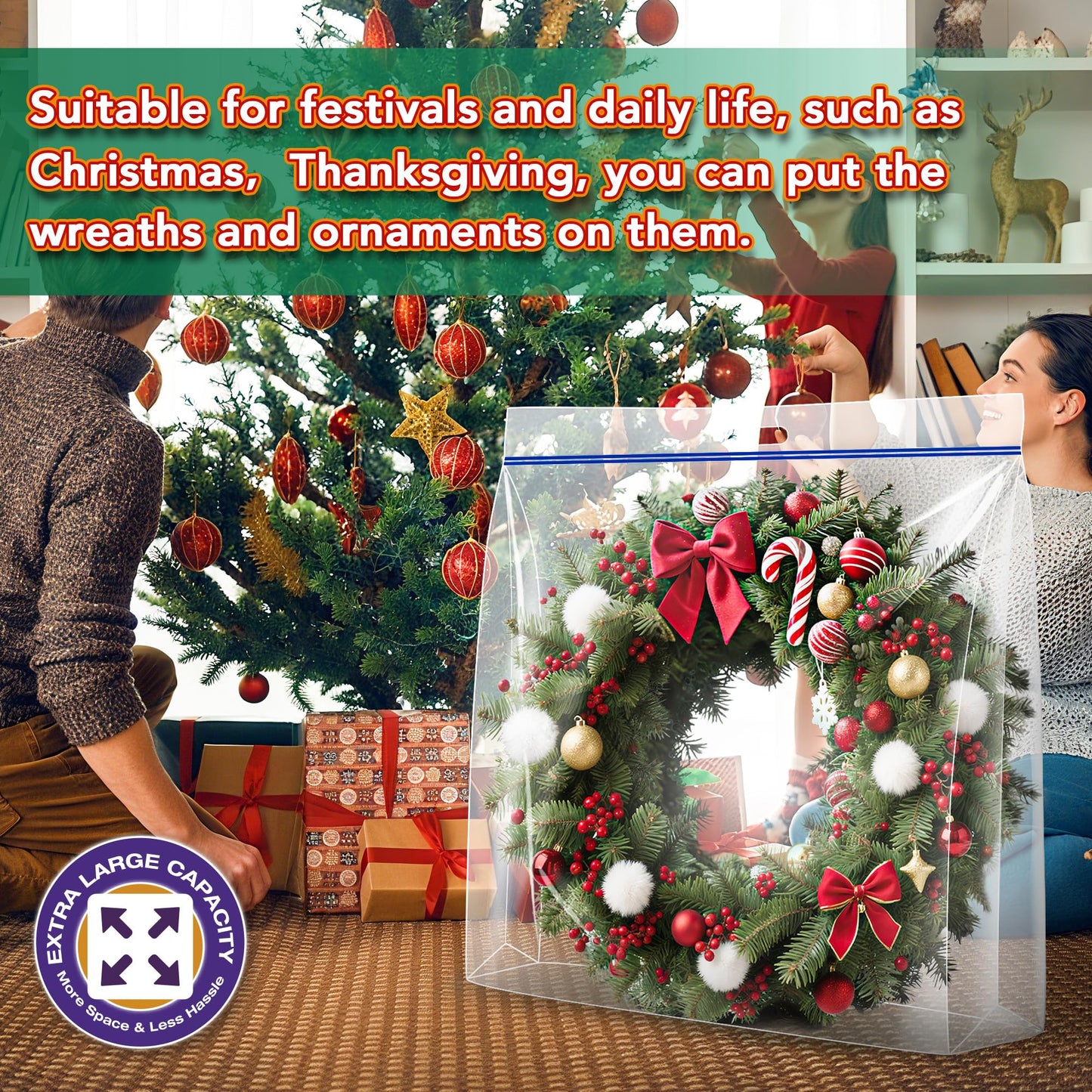 Extra Large Wreath Storage Bag, 34"x34"x8.5", Clear Storage Bag with Handle, Summer Christmas Decoration Garland Container for Seasonal Thanksgiving Holiday Artificial Wreath, 4 Pack
