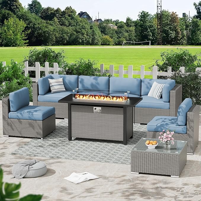 Crownland 8-Piece Outdoor Patio Furniture Sets with 45” Propane Gas Fire Pit Table, All-Weather Grey Wicker Rattan Sectional Sofa with Coffee Table(Light Blue)