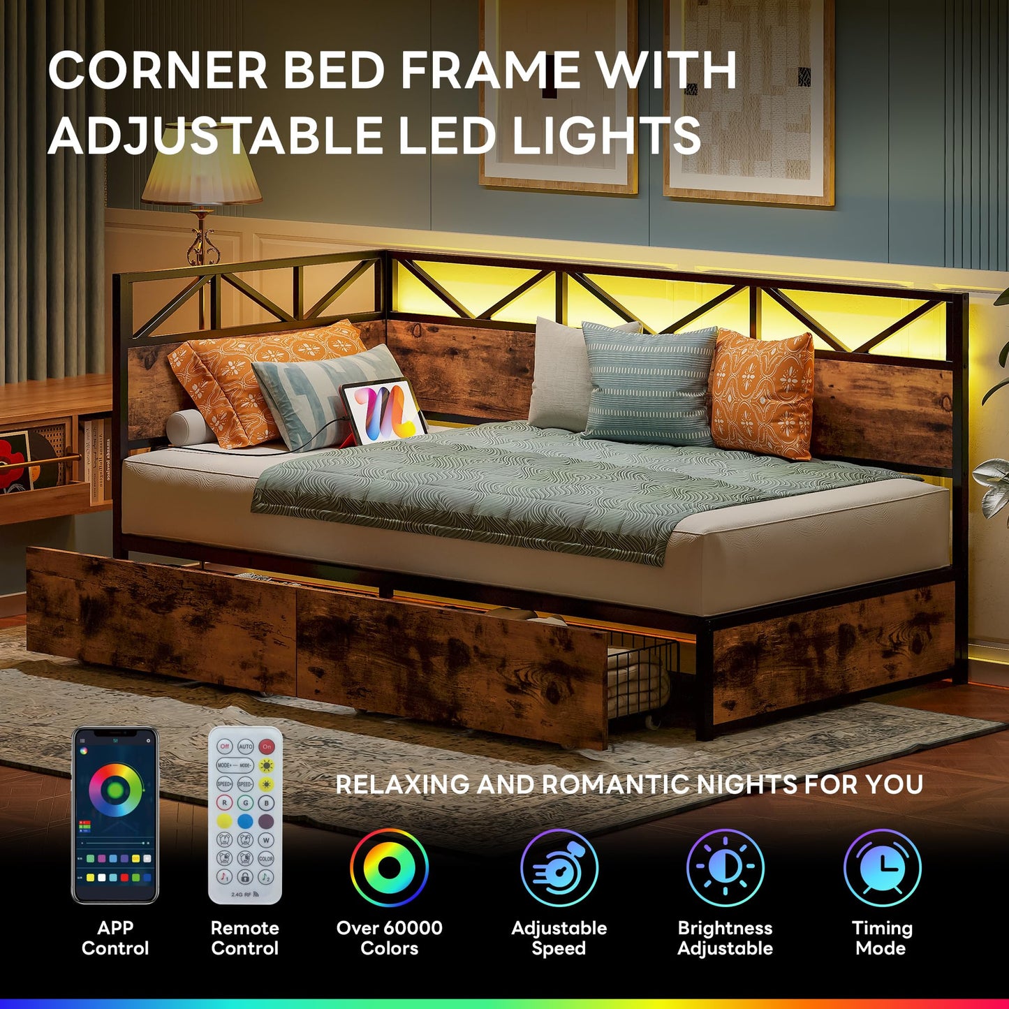 LIKIMIO Twin Daybed with Storage Drawers and Charging Station, Corner Bed Frames with Headboard and LED Lights, Industrial Brown