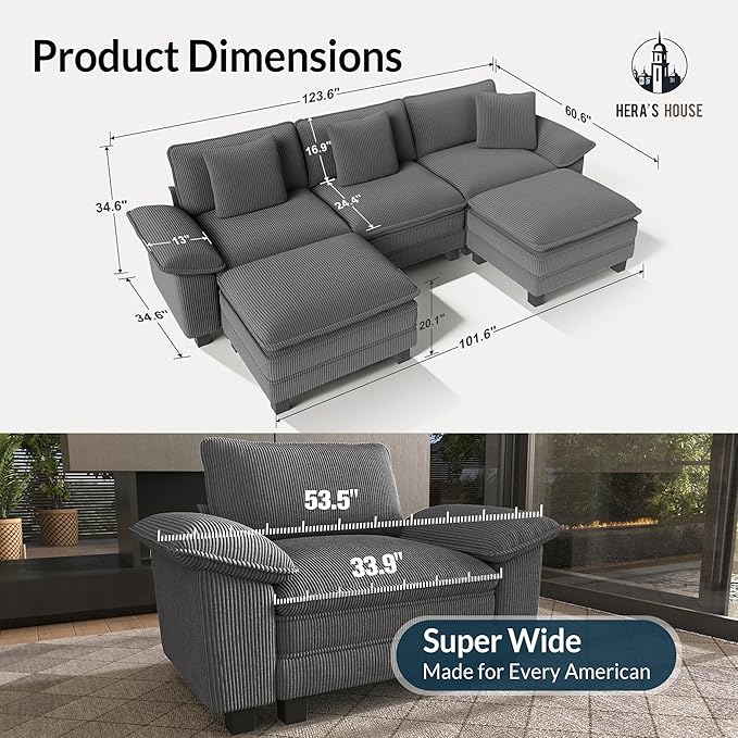 HERA'S HOUSE 124" Modular Sectional Sofa, Oversized U Shaped Couches for Living Room, Comfy Cloud Couch with Ottoman, 5-Seater Deep Seat Sofa with Throw Pillow, Corduroy Grey