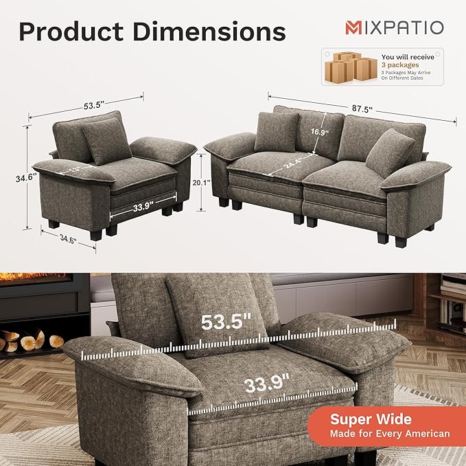 MIXPATIO L-Shaped Cloud Modular Sofa Set, Deep Seat 2-Piece 3-Seater Sectional Couch & Removable Arms, Plush Chenille for Living Room - Smoky Gray