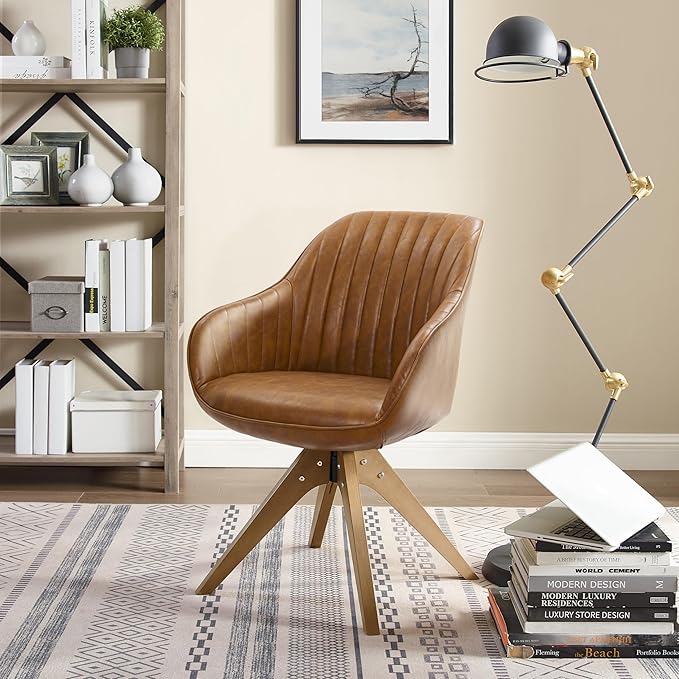 Art Leon Dining Chair - Mid Century Modern Swivel Dining Room Chair, Faux Leather Upholstered Arm Chair with Wood Legs for Living Room, Terracotta