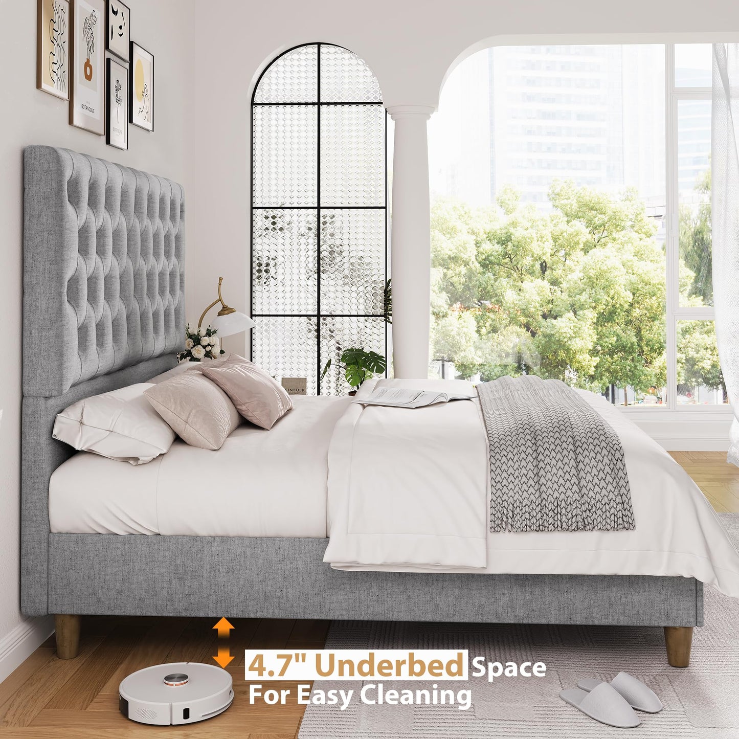 Algglobuy Queen Upholstered Bed Frame with 52.75" Tall Headboard, Platform Queen Bed with Deep Button Tufted, Solid Wood Slats Support, No Box Spring Needed, Noise-Free, Grey