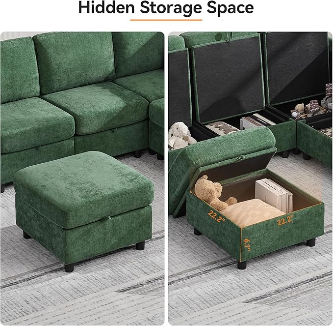 WUTUTUEE 25”Square Storage Ottoman Module for Modular Sectional Sofa, Living Room Coffee Table Sectional Ottoman Footrest for Convertible Couch, Chenille Dark Green