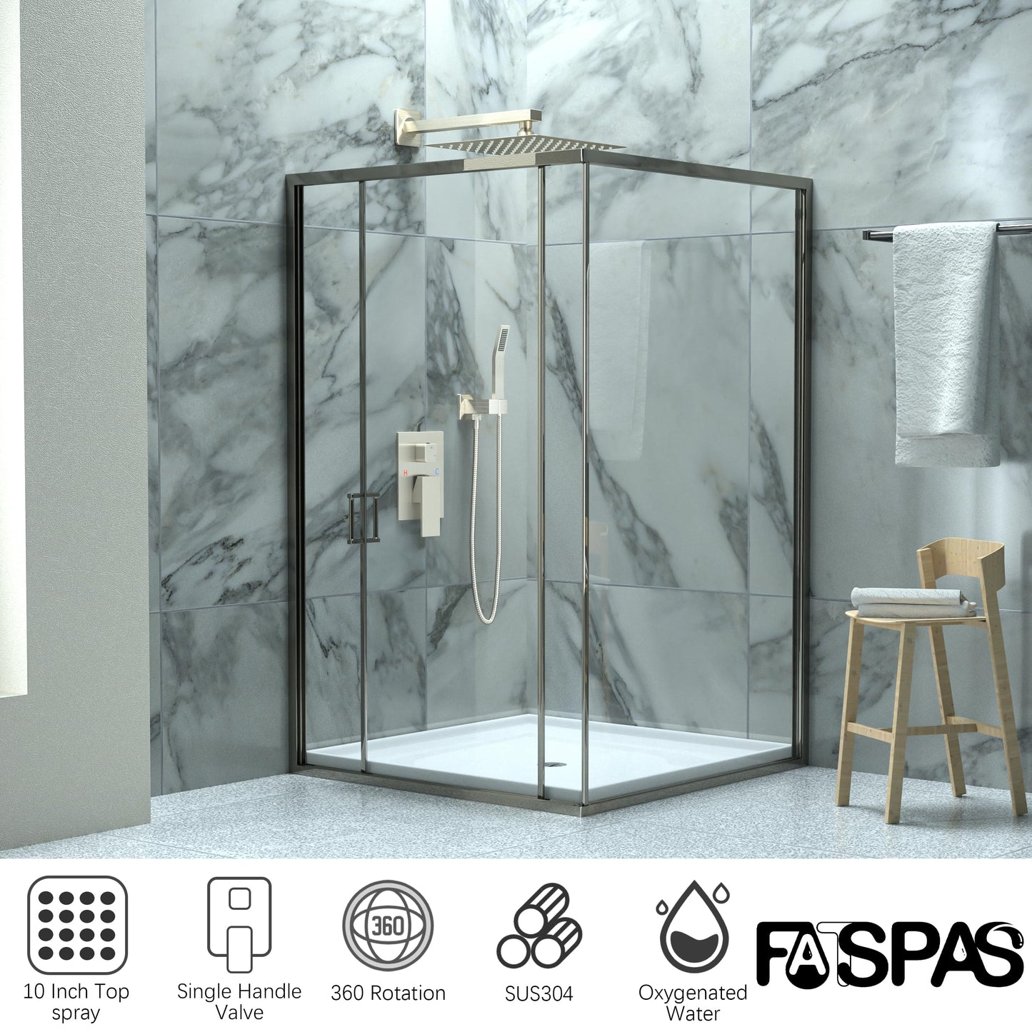 Fatspas Luxury Rain Shower System with 10 Inch High Pressure Showerhead and Handheld Combo, Brushed Nickel Shower Faucet Set with Pressure Balance Valve, Wall Mounted 2-Way Shower Trim Kit