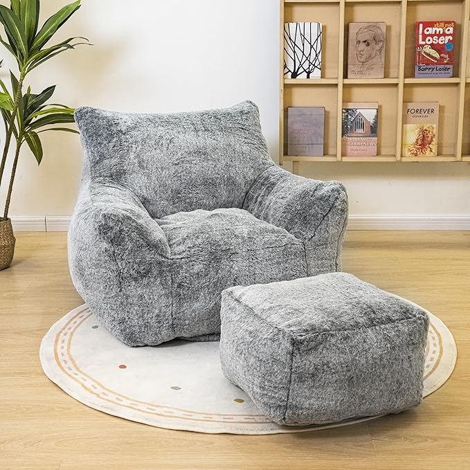 Cvortll Bean Bag Chair with Ottoman, Armrest Bean Bag Chairs with Filler, Ultra Soft Fluffy Faux Fur Bean Bag Chair with Foot Rest, Plush Lazy Sofa with Foot Stool for Living Room, Dorm