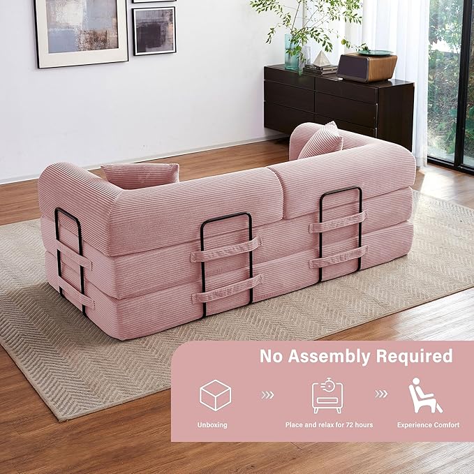 79" 5-in-1 Folding Convertible Sofa Bed, Oversized Corduroy Futon Floor Couch with Pull-Out Sleeper, Modular Boneless Loveseat for Small Spaces, Living Room, Bedroom (Pink)