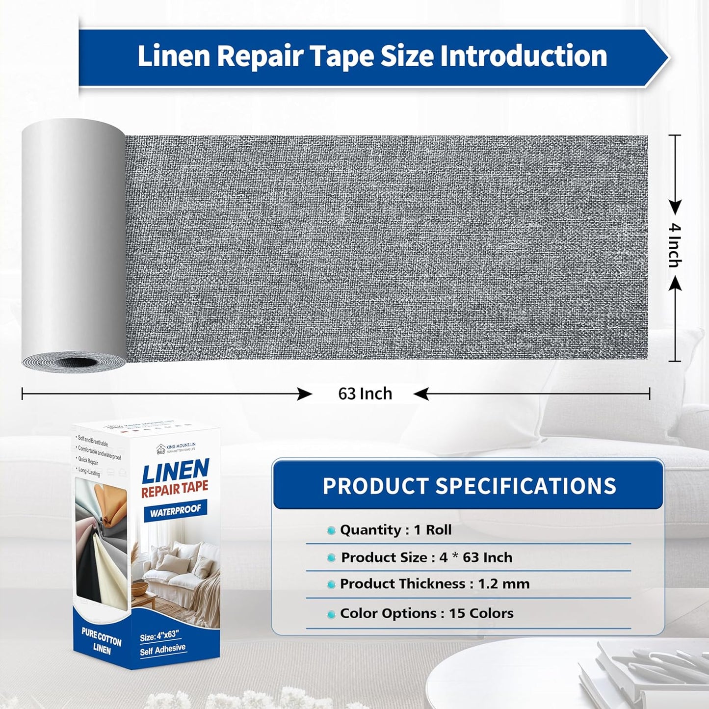 KING MOUNTAIN Linen Repair Patches, Self-Adhesive Linen Fabric Patches, 4 X 63 inch Extra Size, Multi Color, Can be Used for Linen Sofa Repair and Linen Clothes Repair (Charcoal Grey1.0)