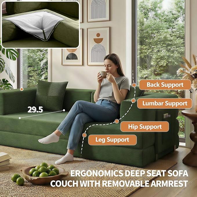 Fancyfire 78.8" Convertible Sofa Bed with Armrest Pillow,4-in-1 Sleeper Couch Bed for Livingroom,Modular Corduroy Boneless couches,No Assembly (Green)