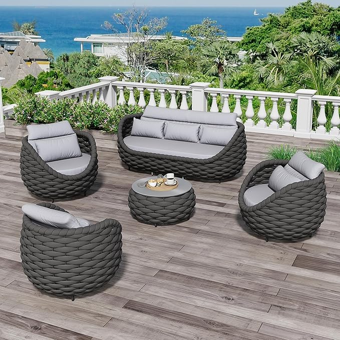 Erotr Aluminum Woven Rope Patio Furniture Set: 5 Pieces Assembled Outdoor Conversation Sofa Set for 6 - Modern Metal Couch Set Cushioned - All Weather Porch Seating for Deck Garden Lanai Hotel Resort