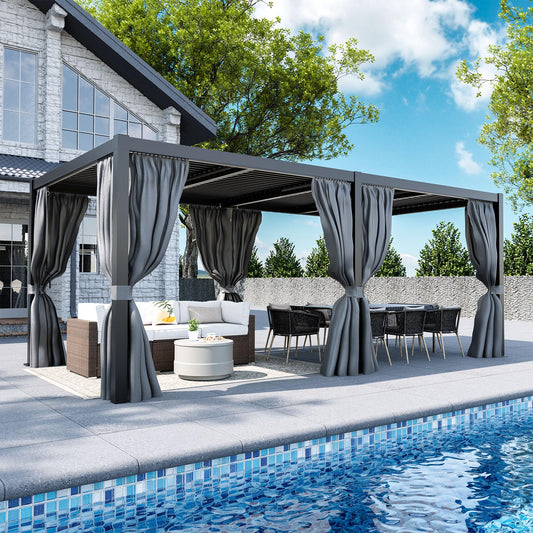 COSIEST 10'X20' Aluminum Louvered Pergola, All-Weather Adjustable Roof with Mosquito-Proof & UV Protection Netting Privacy Curtains for Deck, Backyard, Garden Outdoor Living Space (Black)
