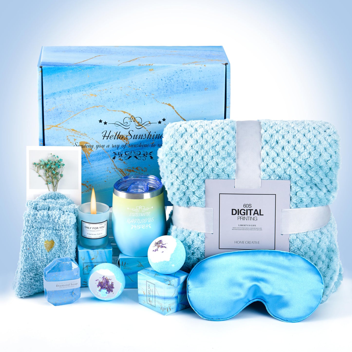 YAMEDA Gifts For Women, Mothers Day Gifts,Get Well Soon Gifts, Relaxing Spa Care Package with Luxury Flannel Blanket for Women, Mom, Wife, Girlfriend, Sister,Happy Birthday Gift Box(Blue)
