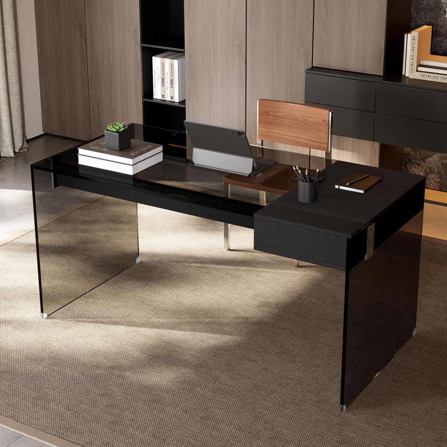 NessCarsti 53.14" Modern Tempered Glass Executive Desk with Drawer, Black Wood Finish and Tempered Glass Legs – Minimalist Stylish Workstation Table for Home Office