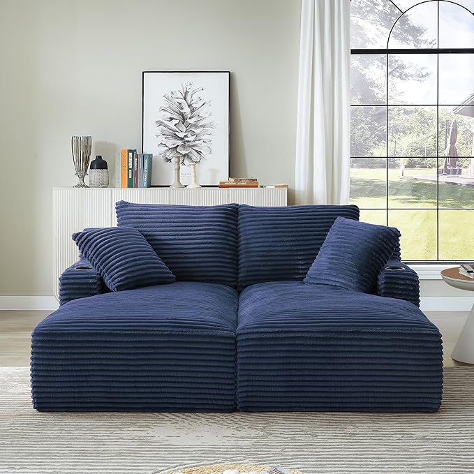 KEIKI Compressible Double Chaise Lounge with Cupholders, Cozy Corduroy Sleeper Loveseat for Bedroom or Reading Nook, Boneless Chaise Lounge Indoor with Supportive Spring Cushions, No Assembly