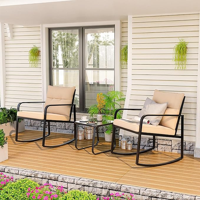 Gizoon 3 Piece Rocking Bistro Set, Black Steel Patio Furniture, Porch Chairs Conversation Set with Glass Coffee Table, Back Cushion, for Balcony, Garden, Pool, Backyard, Beige