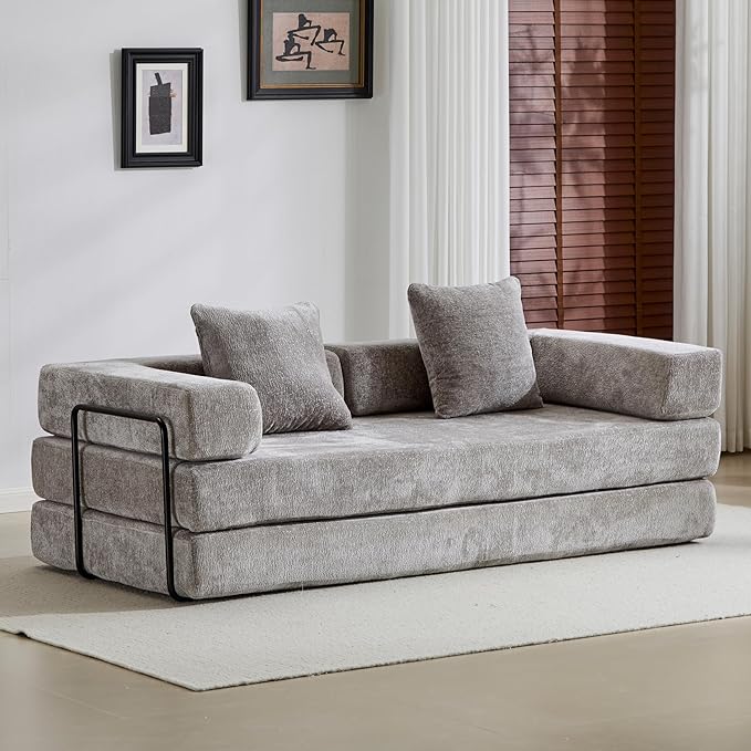 Convertible Couch Sofa Bed Foldable Floor Sleeper | Modern Fold Out Couch | Removable Backrest & Armrests | No Assembly Compression Sofa Sleeper for Living Room, Bedroom | Light Gray Chenille