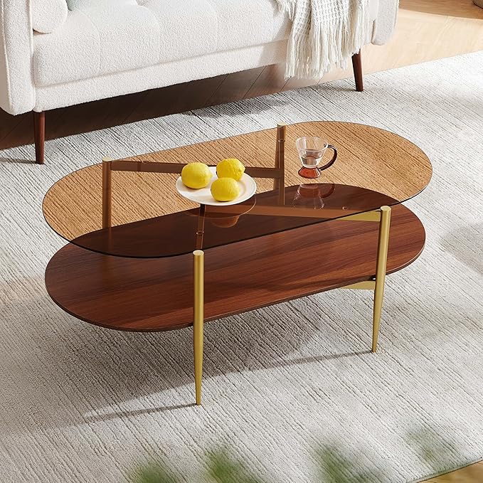 Pine Flicker Oval Glass Coffee Table, Mid-Century Modern Design, L42*W22*H17 inch, for Living Room, Amber Glass Top and Walnut Finish Wood Shelf, Conical Metal Legs with Gold Finish
