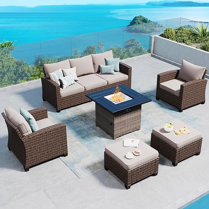 SUNSHINE VALLEY Patio Furniture Set Outdoor Furniture Brown Wicker Rattan Patio Conversation Sets with Cushion Outside Sofa Set,5 Pieces with Firepit Table,7 Seats,Beige