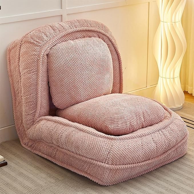 KEIKI Foldable Tatami Lazy Sofa Couch Bed with 5 Adjustable Position, Space Saving Design Human Dog Bed with Cushion Back, Easy Assembly, for Apartment, Living Room, Bedroom, Pink