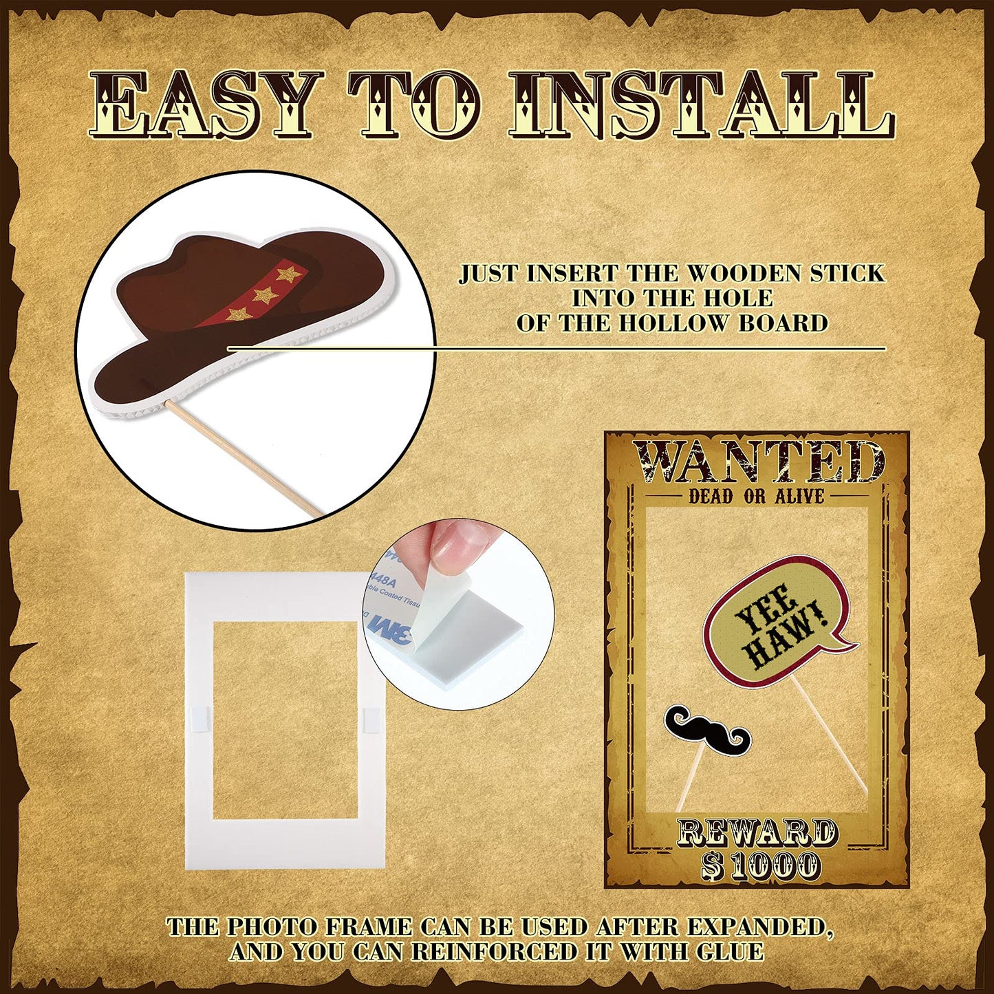 Blulu 9 Pieces West Wanted Photo Booth Prop Kit Cowboy Party Decoration Cowboy Theme Photo Prop Set Wild Western Selfie Booth Poster for Cowgirl Rustic Party Supplies, 23.62 x 15.74 Inch