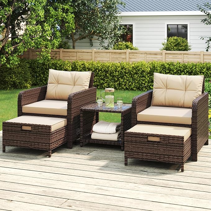 LHBcraft 5 Pieces Patio Set, PE Rattan Patio Conversation Set with Soft Cushions & Coffee Table, Outdoor Chairs with Hidden Ottoman for Porch, Lawn, Garden, Balcony, Brown