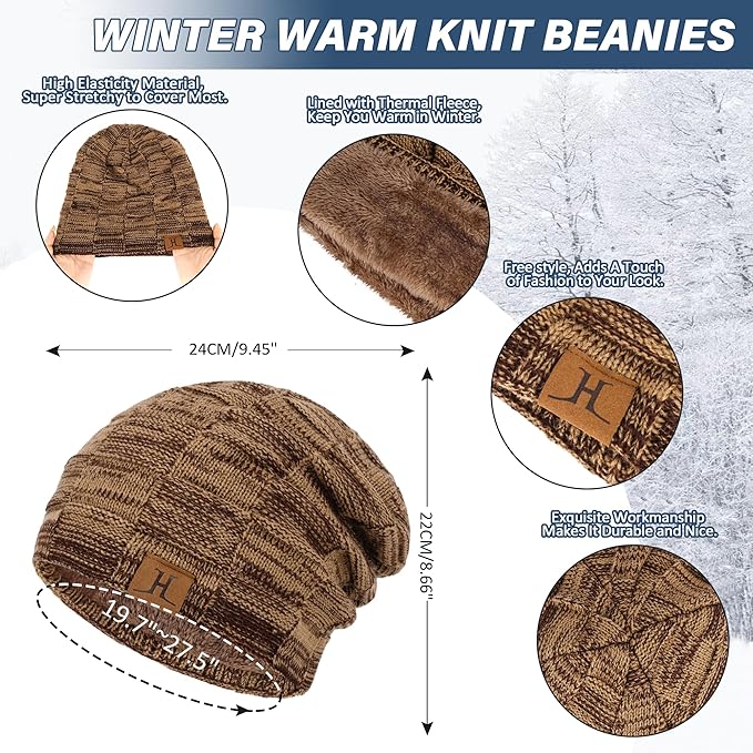 Mens Winter Beanie Hats Scarf Set Warm Knit Skull Cap Neck Warmer with Fleece Lined Winter Hat for Women