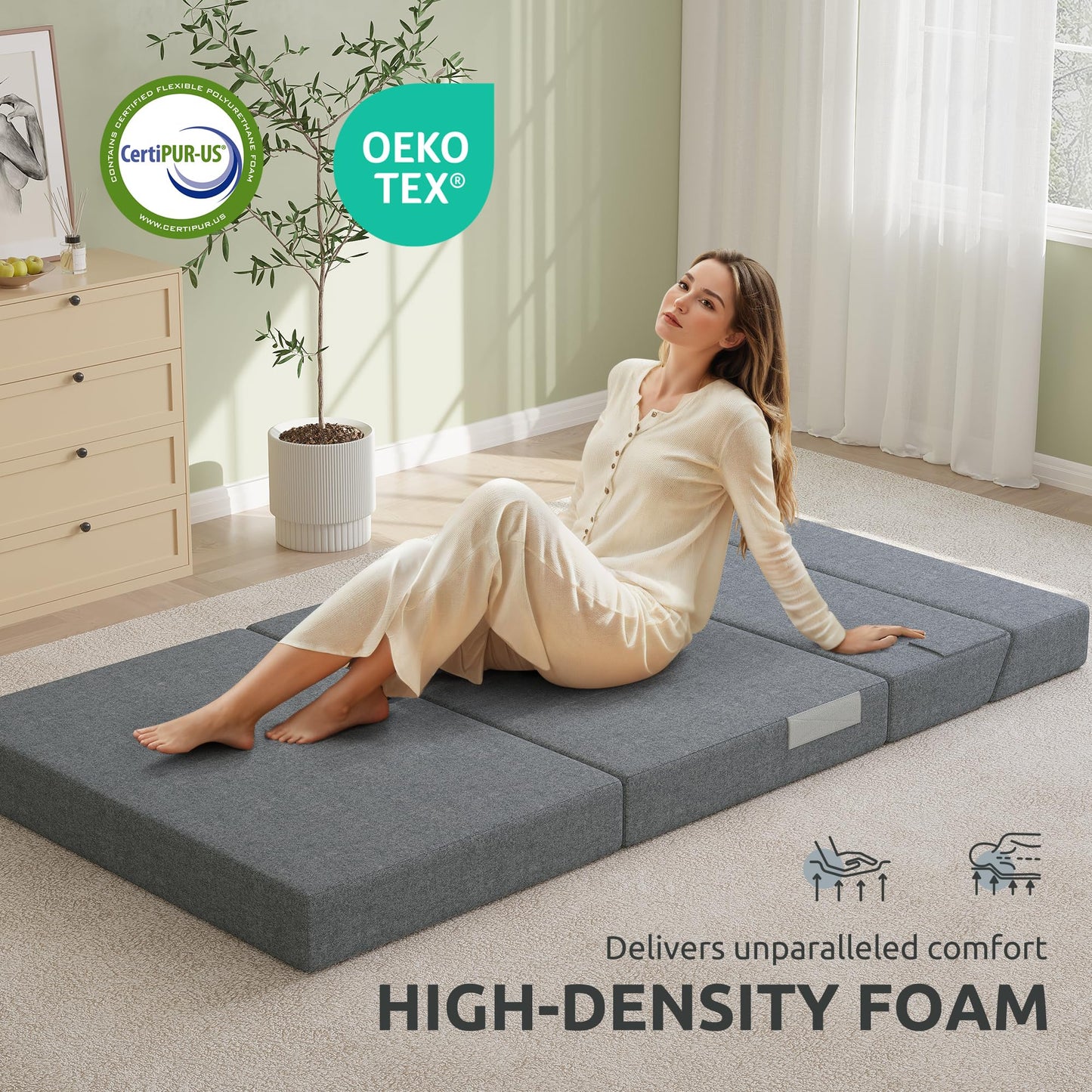 Youzi Folding Sofa Bed, Foldable Mattress for Bedroom and Living Room, 6 Inches Single Four-fold Floor Sofas for Guests, Sofa Bed Chair Floor Mattress with Washable Cover, Dark Gray, 75" x 25" x 6"