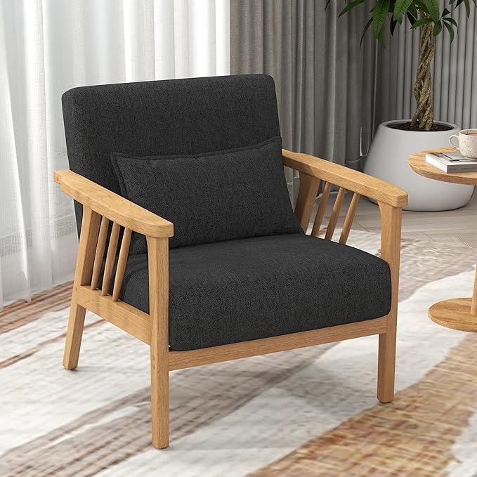SEYNAR Mid-Century Accent Chair, Linen Fabric Armchair and Lounge Chair with Lumbar Pillow, Wide Seat & Solid Wood Frame for Living Room, Bedroom or Balcony(Dark Gray)