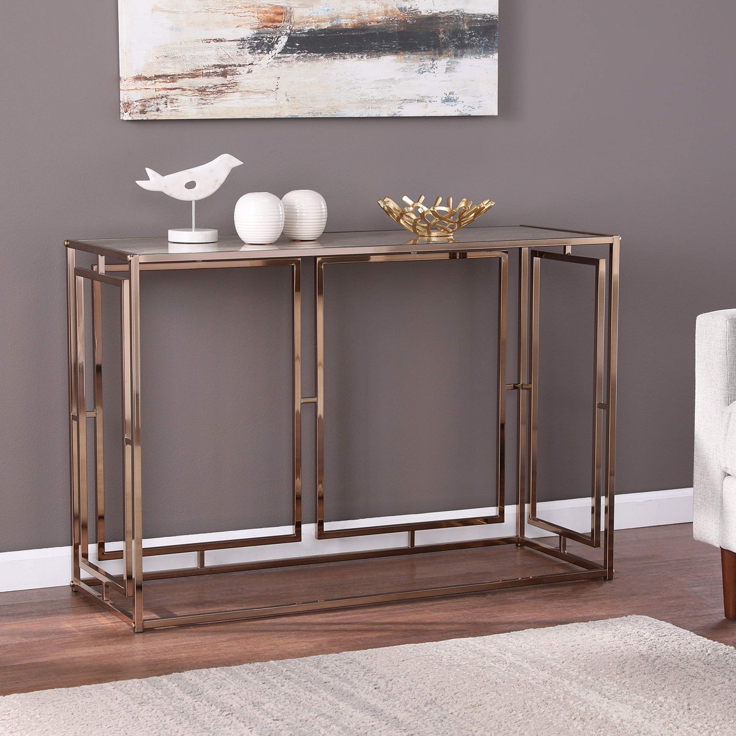 SEI Furniture - Simondley Faux Marble Console Table - Transitional Design, Champagne Metal and Glass - Ideal for Entryway, Living Room (CK1125003)